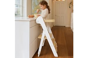 COSYLAND Foldable Standing Tower for Toddlers – IF Design Awarded Height Adjustable Kitchen Step Stool with Safety Net – Toddler Learning Helper Stool for Kitchen/Bathroom,Foldi (White & Natural)