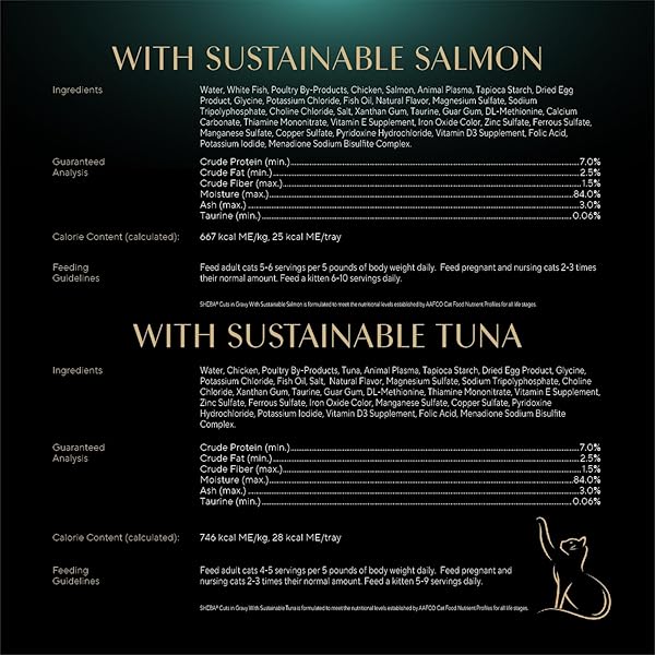 SHEBA PERFECT PORTIONS WET CAT FOOD CUTS IN GRAVY, ROASTED CHICKEN ENTREE, TENDER TURKEY ENTREE, WITH SUSTAINABLE SALMON, AND WITH SUSTAINABLE TUNA, 2.6 OZ. TWIN-PACK TRAYS (24 COUNT, 48 SERVINGS)
