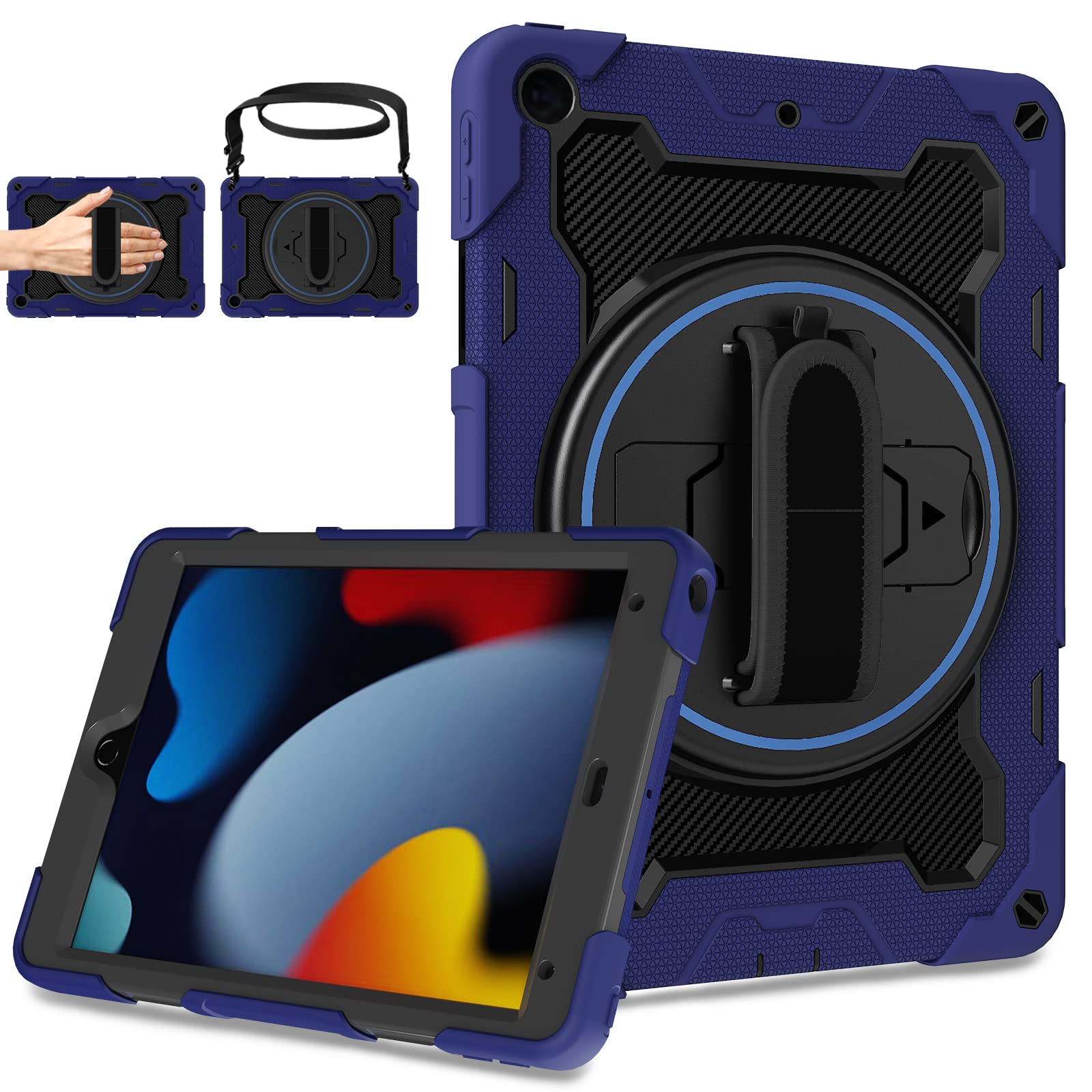 ROSROME for iPad 9th/8th/7th Generation Case 10.2 Inch, Shockproof Case with Screen Protector, Rotating Stand/Hand Strap/Shoulder Strap/Pencil Holder for iPad 9/8/7 Cover(2021/2020/2019), Navy Blue