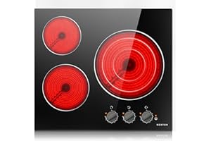 Noxton 24 Inch Electric Cooktop 3 Burners Electric Stove Top, Built-in 24" Radiant Electric Ceramic Cooktop with Knob Control, Hot Surface Indicator, 220-240v,5700W,No Plug, Hard Wire