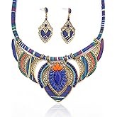Zhlichouy African Jewelry Sets for Women Boho Tribal Retro Statement Choker Necklace and Dainty Dangle Earring Set Multicolor Ethnic Style Chunky Bib Collar Costume Jewelry Accessories for Women