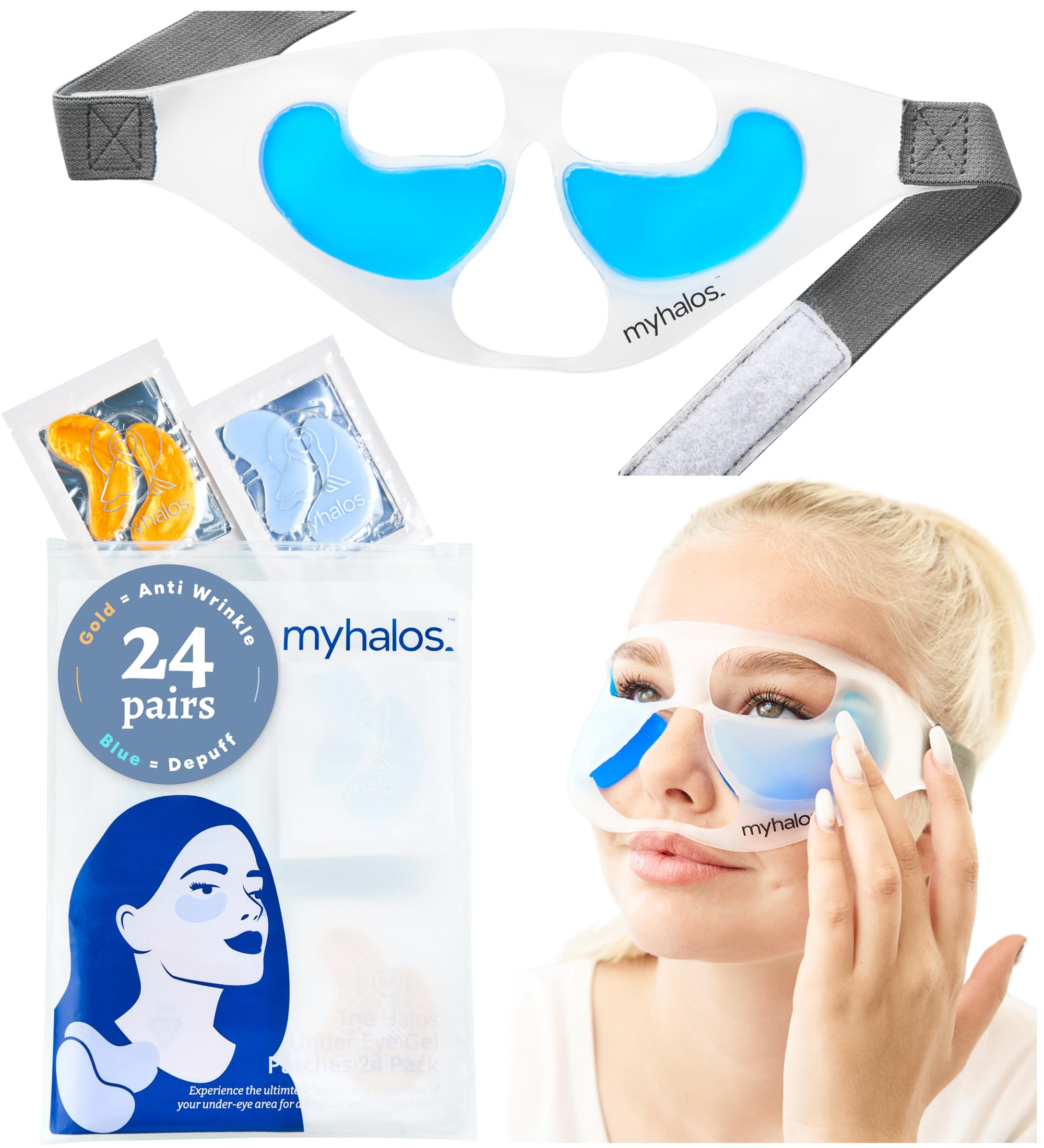 MyHalos® Under Eye Patches & Cooling Eye Mask Set-24 Eye Masks for Puffy Eyes and Eye Bags Remover Kit-24k Gold & Blue Under Eye Gel Patches Cold Eye Mask for Puffiness - Eye Masks Skincare-Patented