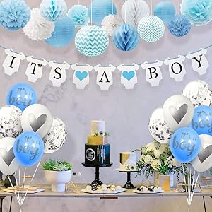 Sweet Baby Co. Baby Shower Decorations For Boy With It's A Boy Banner, Paper Lanterns, Honeycomb Balls, Paper Tissue Pom Poms, Confetti Balloons, Silver Balloon Ribbon (Baby Blue, True Blue, Grey and White) | Baby Shower Decorations Set