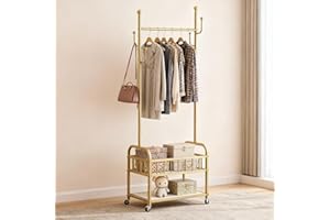 Clothing Rack with Wheels - Narrow Sturdy Coat Rack with Metal Basket and Shoe Storage for Small Space Bedroom - Rolling Free