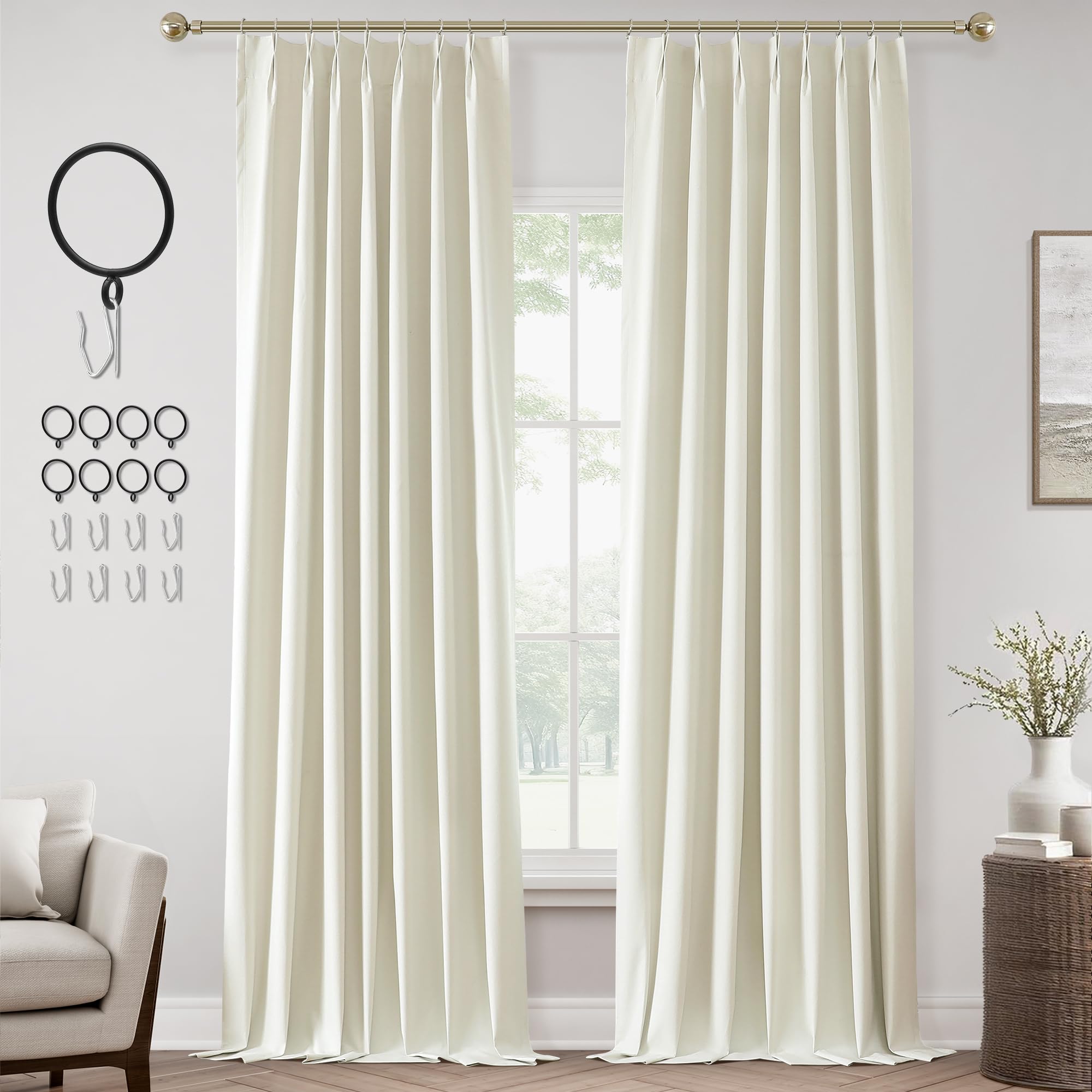 Photo 1 of ChrisDowa Ivory Pinch Pleated Blackout Linen Curtains 120 inches Long 2 Panels for Living Room Bedroom Farmhouse Room darking Thermal Insulated Back Tab Hooks Rings Window Treatment Drapes,40x120