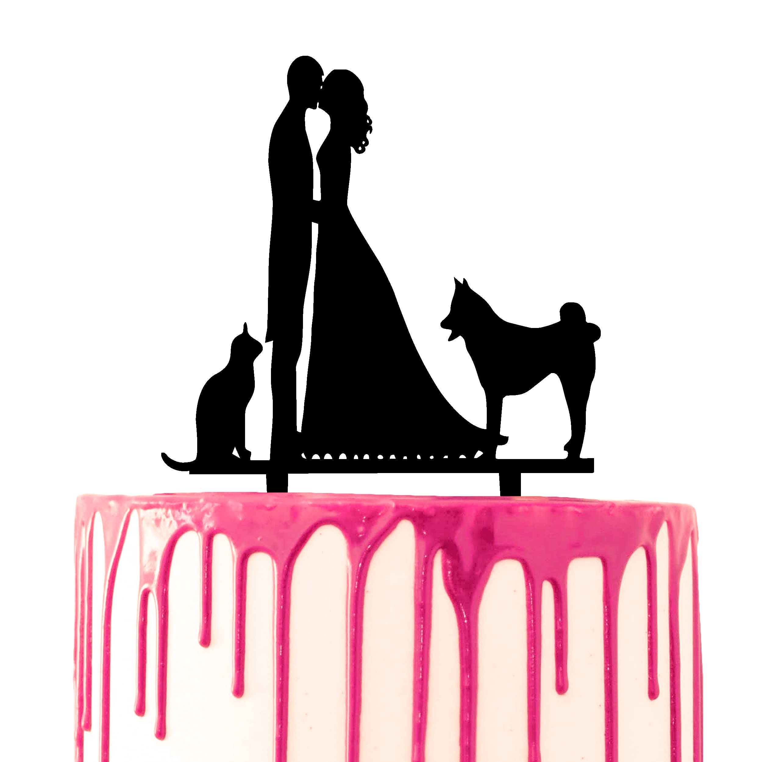 CARISPIBET wedding cake topper groom and bride kissing with one cat and one dog silhouette
