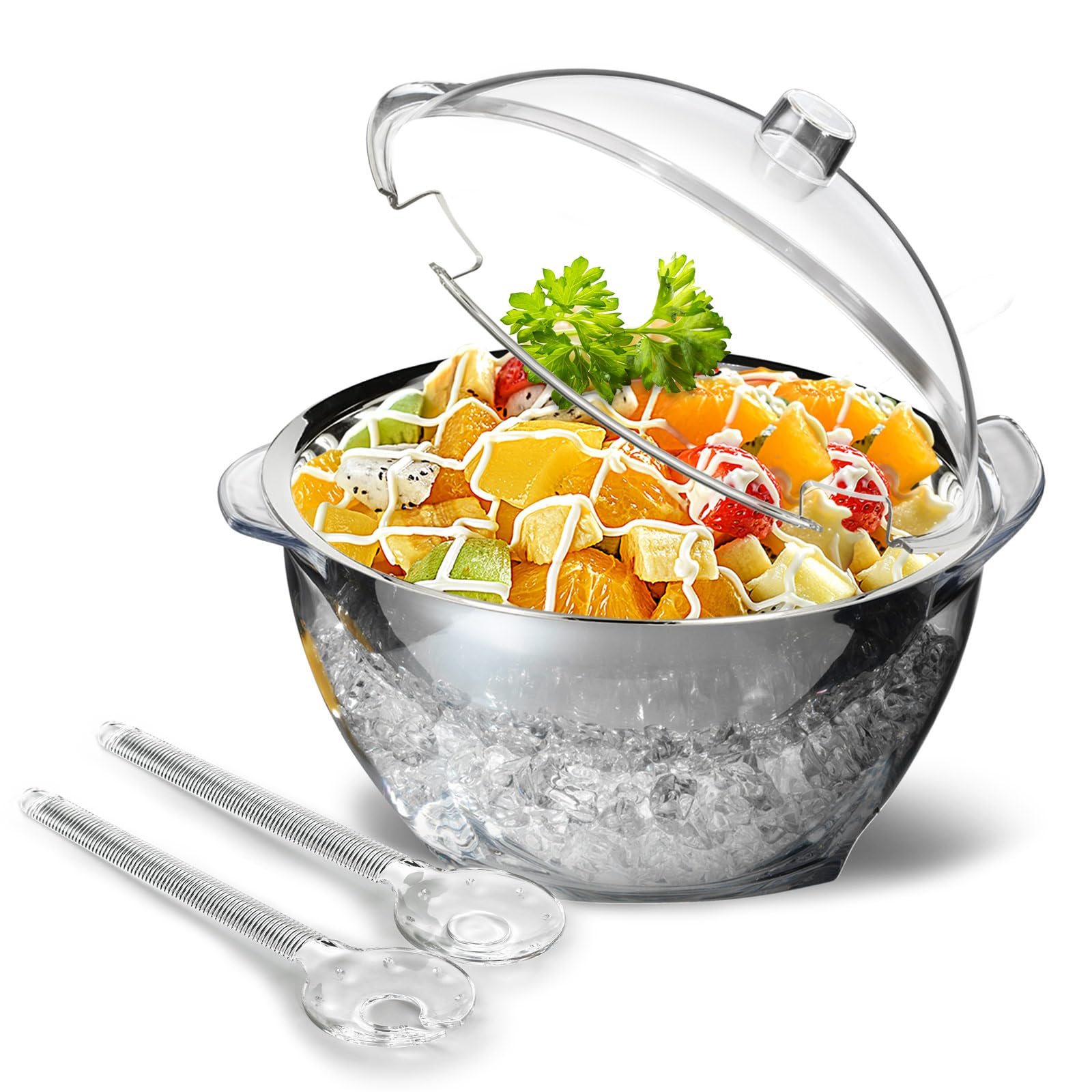 Photo 1 of MHEOMTME MEHOEIME Large Ice Chill Salad Bowl with Lid, Iced Serving Bowl with Ice Chiller Base For Parties, Keep Food Cold at Party, Ice Chilled Tray, Long Spoons, Extra, Clear, MH-DSLW-C3