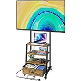 Rolling TV Stand with Wheels and Mount & Fabric Drawer - Entertainment Center with Power Outlet and Small TV Stand for Bedroo