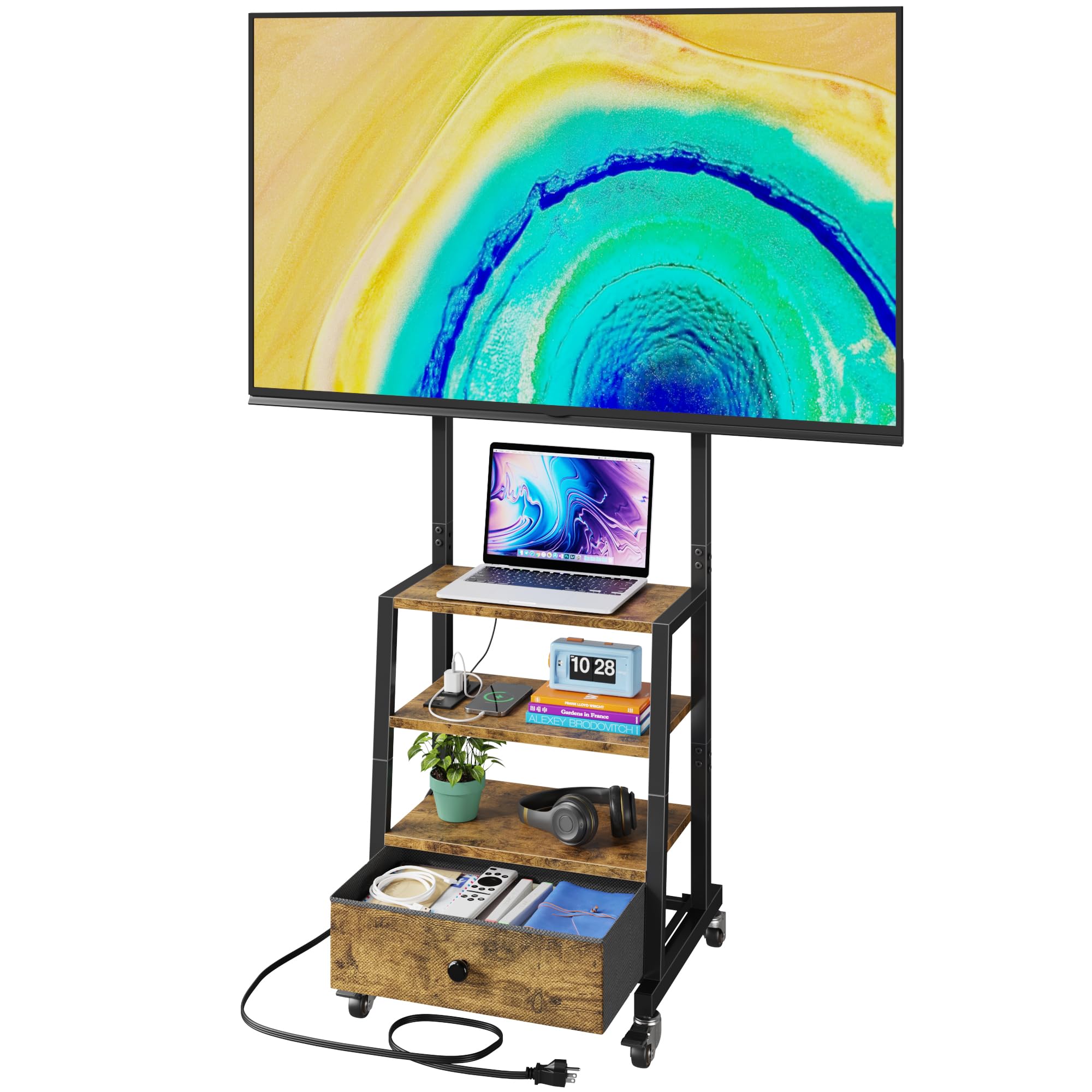 Photo 1 of Rolling TV Stand with Wheels and Mount & Fabric Drawer - Entertainment Center with Power Outlet and Small TV Stand for Bedroom, Living Room - 15" Rustic Brown
