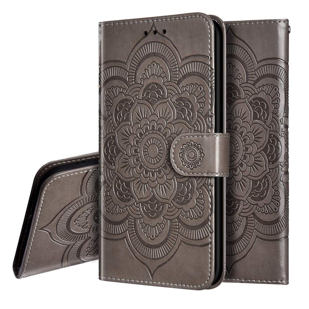 IMEIKONST Xiaomi Redmi Note 7 Case Mandala Embossed Design PU Leather Phone Case Flip Notebook Wallet Card Slot Holder Magnetic Stand Cover for Xiaomi Redmi Note 7 Mandala Grey LD