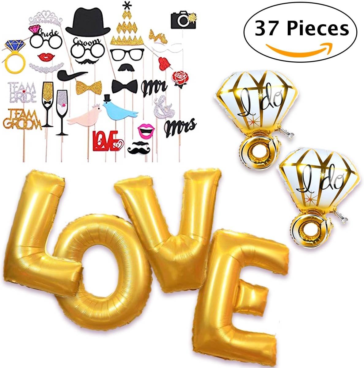 Maxi set Wedding Photo Booth Props + LOVE Foil Letter Balloons 40”/100cm Gold + 2 XXL Diamond Rings 30”/70cm Giant Helium Mylar Balloons for Wedding Party Decorations, Bridal Shower & Anniversary