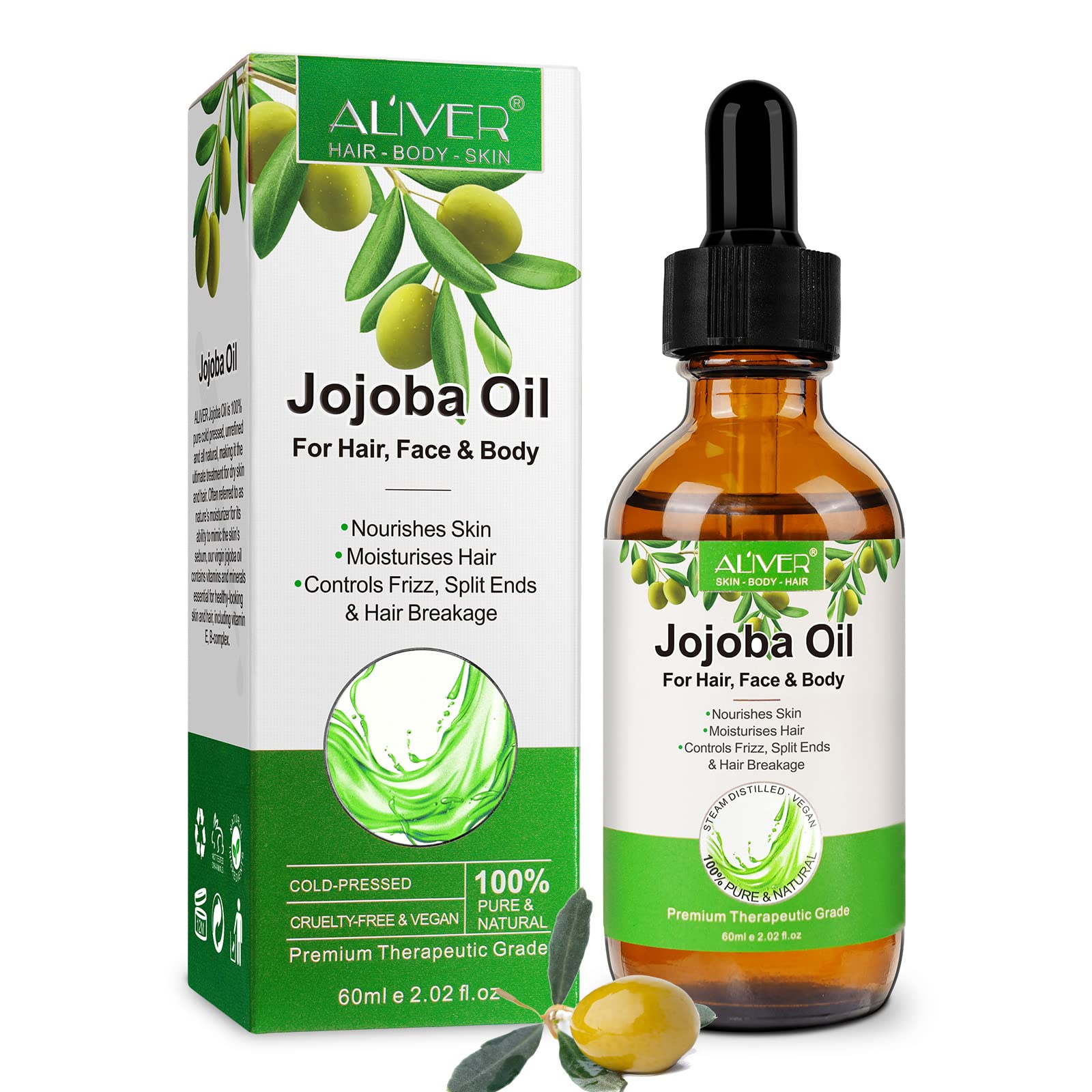 Jojoba Oil 60ml, 100% Pure Natural Jojoba Oil for Hair, Treatment For Damaged Hair & Dry Skin,Cold Pressed Oil For Hair, Beard, Nails and Skin