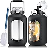 WINSA Large Glass Water Bottles with Stainless Steel Handle,100 oz Gallon Drinking Bottle with 2-in-1 Straw Lid,3 Liter Glass Water Jug with Silicone Sleeve,Wide Mouth,Black