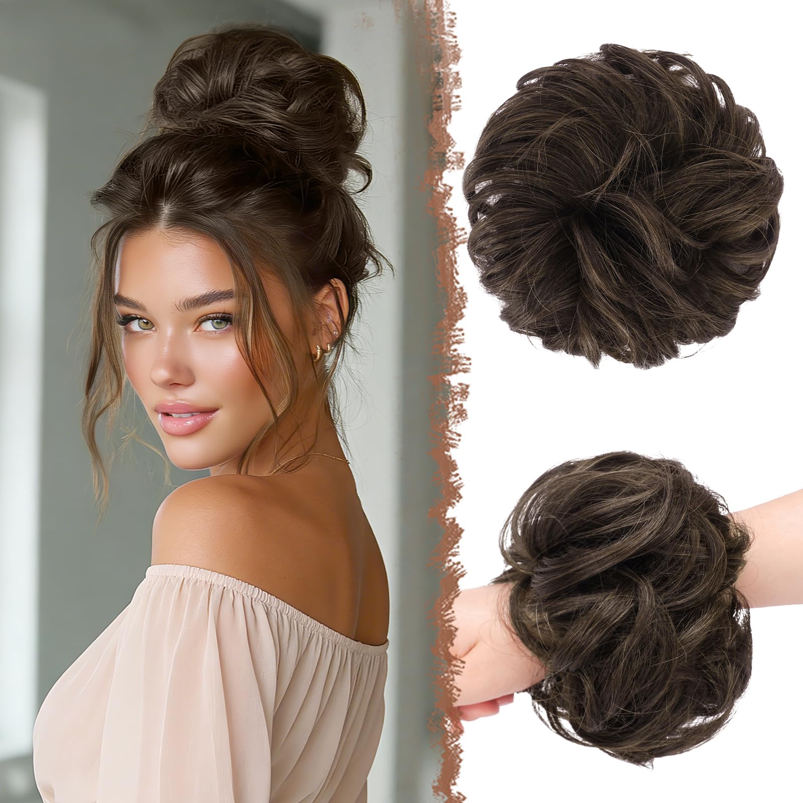FESHFEN Messy Bun Hair Piece Hairs Scrunchies Thick Curly Wavy Pony Tail Synthetic Accessories Donut Updo Hairpieces for Women Girls 55g, Brunette