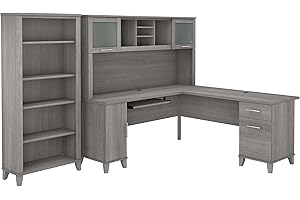 BUSH HOME Bush Furniture Somerset 72W L Shaped Desk with Hutch and 5 Shelf Bookcase in Platinum Gray