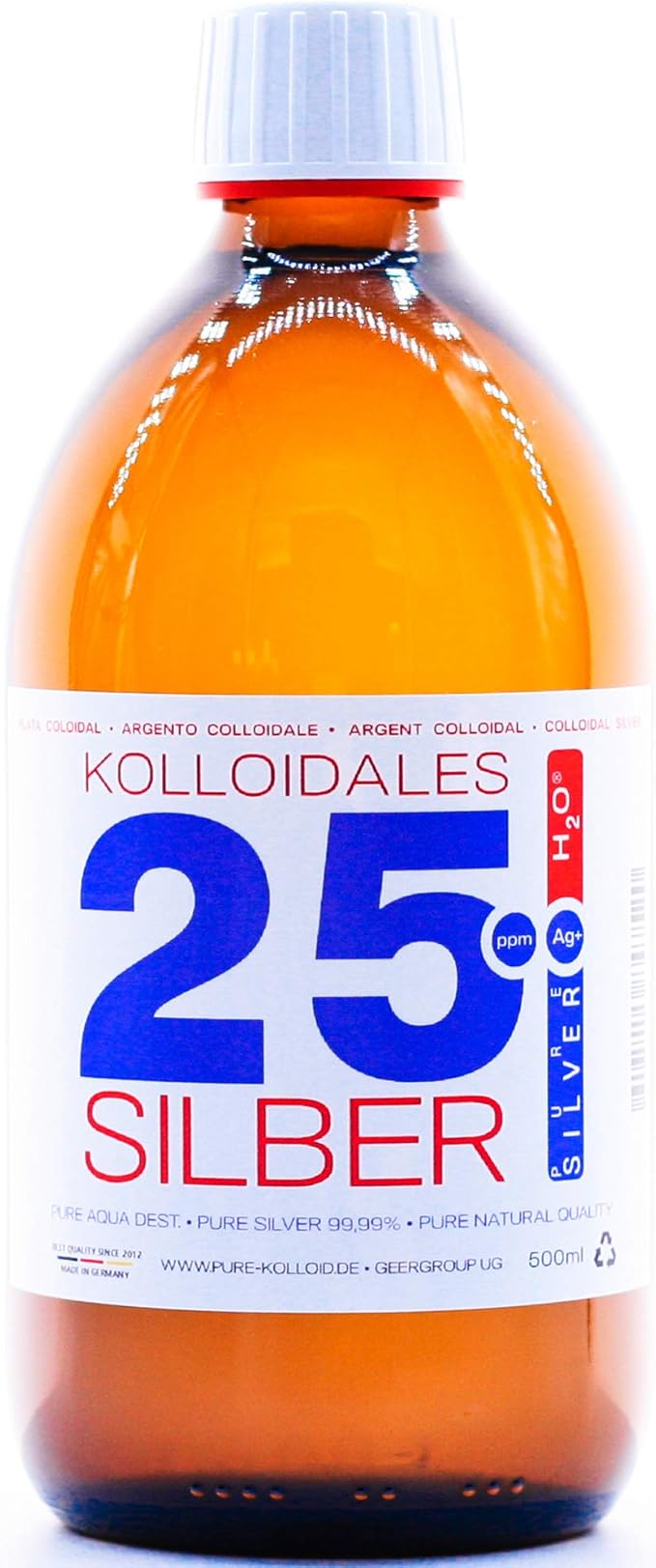 500ml Plata coloidal PureSilverH2O - Botella 500ml/25ppm Plata coloidal - 99,99% de plata pura - la mejor calidad - Made in Germany