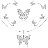 Remuuly 3 Pcs Butterfly Jewelry Set Silver Rhinestone Necklace Sparkly Ear Cuffs Crystal Ring Bling Earrings for Women