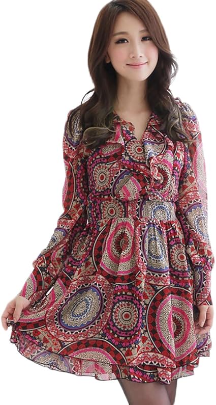 Amazon Co Jp レディース サイケ ボヘミアン レトロ プリント ワンピース 幾何学模様 ドレス ワンピ エレガント ガーリー Vネック シフォン スリム 薄手 マキシ丈 おしゃれ カジュアル Sweet Berry 服 ファッション小物