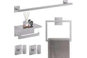 TQKAG 5-Pieces Brushed Nickel Bathroom Hardware Accessories Set 23.6" SUS304 Stainless Steel Towel Bar Set Wall Mounted Square Toilet Paper Holder with Shelf