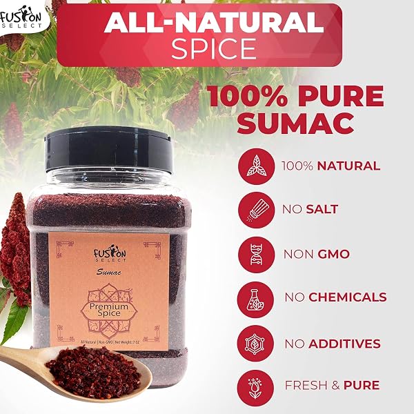 FUSION SELECT 100% PURE SUMAC SPICE, 100% NATURAL SUMAC POWDER | NO SALT | NON-GMO | MIDDLE EASTERN SPICES | SUMAC SEASONING | DOUBLE LIDS JAR (7 OUNCE)