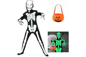 FAYBOX Skeleton Costume Glow in The Dark for Kids Toddler, Halloween Fortnite Onesie for Boy Girls with Pumpkin Candy Bag