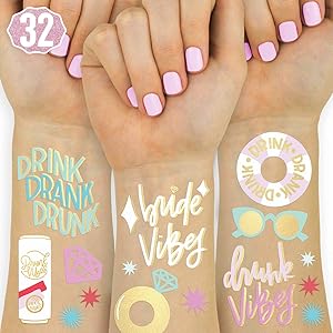 xo, Fetti Bride Vibes Bachelorette Tattoos - 32 Glitter Styles | Bach Party Decoration, Bridesmaid Favor, Bride to Be Gift + Bridal Shower Supplies