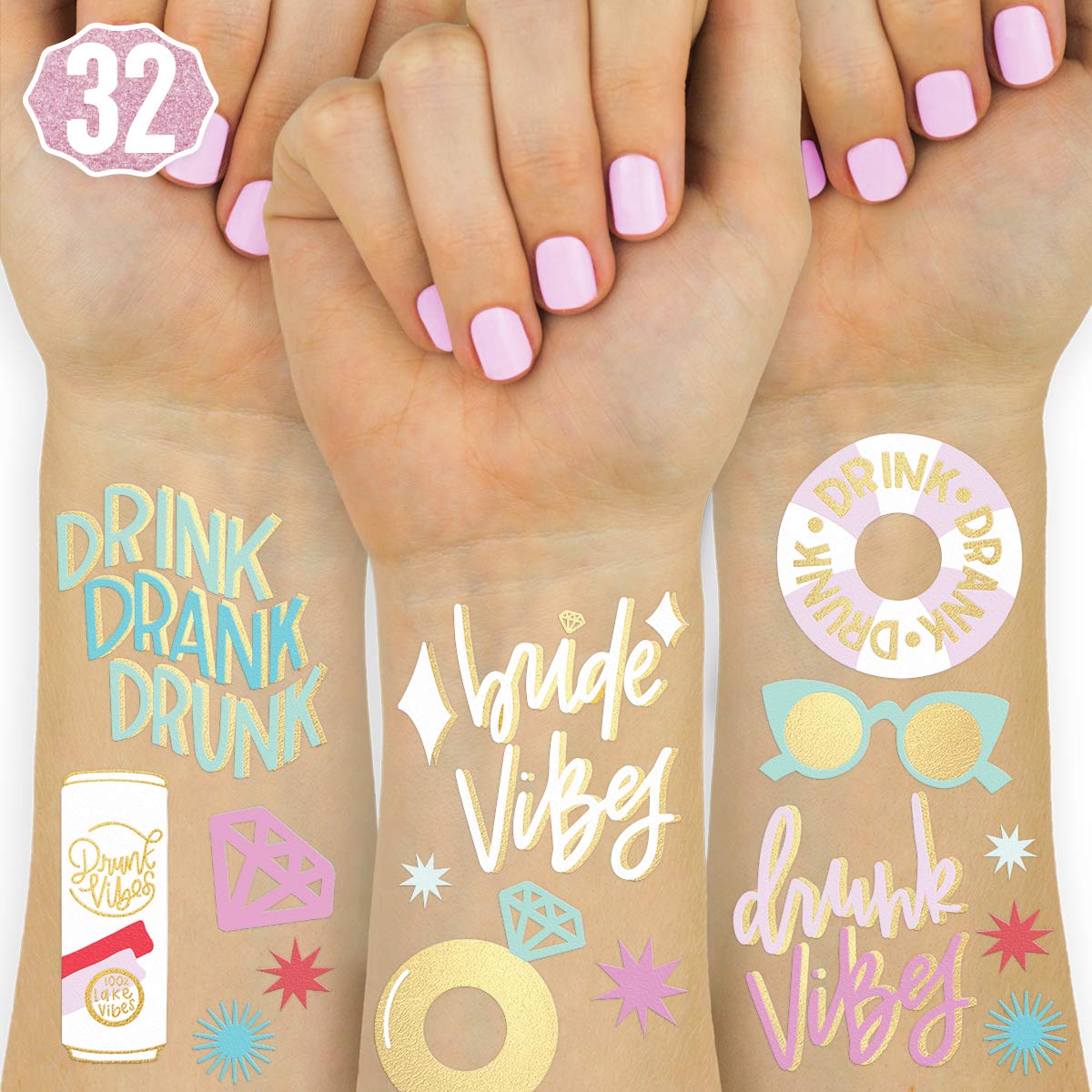 xo, Fetti Bride Vibes Bachelorette Tattoos - 32 Glitter Styles | Bach Party Decoration, Bridesmaid Favor, Bride to Be Gift + Bridal Shower Supplies
