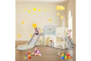 HEVAOTRY 11in 1 Toddler Slide, Kid Slide for Toddlers Age 1-3 with Telescope, Basketball Hoop, and Telescope, Indoor Outdoor Playset Playground Grey Beige