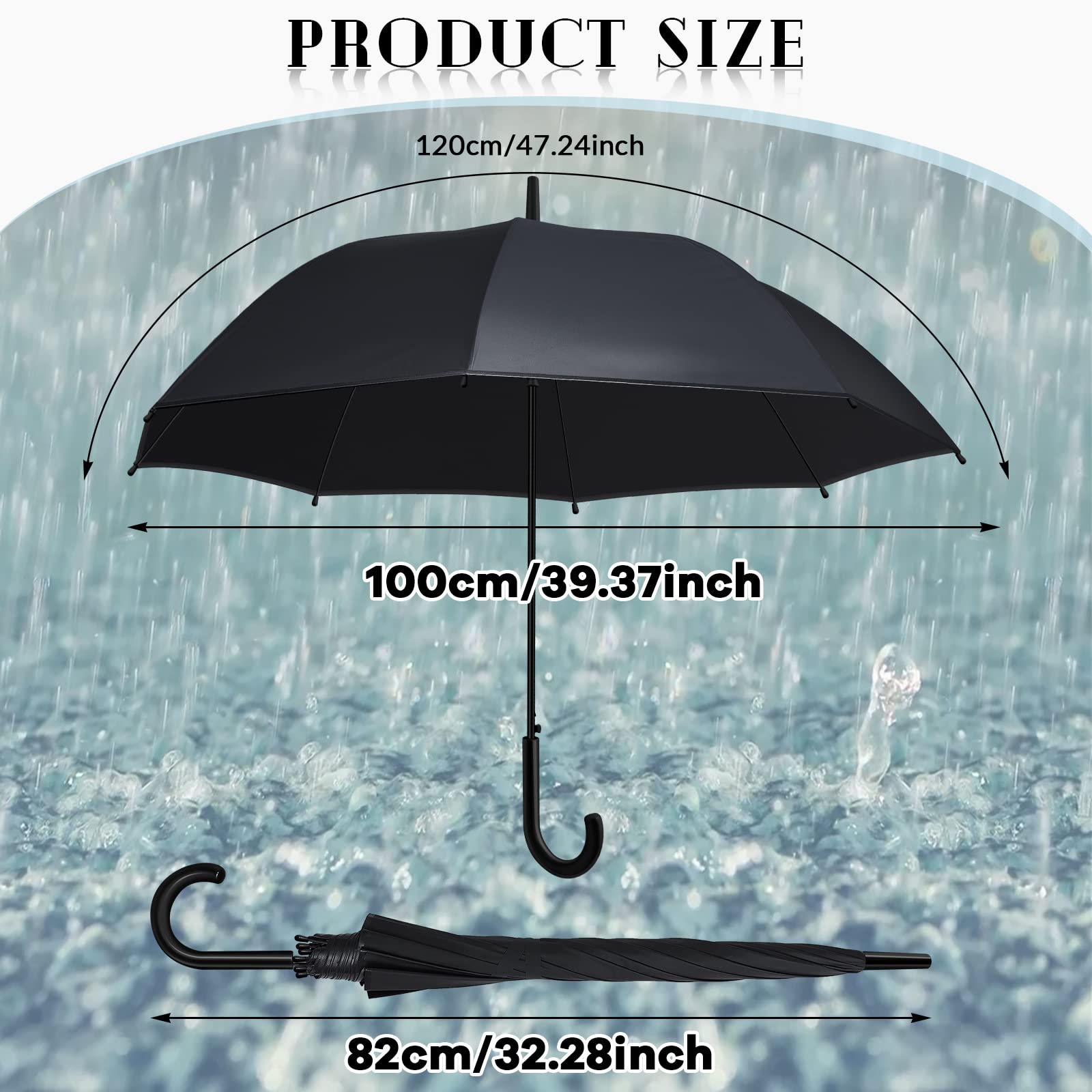 Reginary 12 Pack Black Umbrella Wedding Style Stick Umbrellas Large Canopy Windproof Transparent Stick Umbrellas Wedding Rain Transparent Umbrellas Bulk Auto Open J Hook Handle