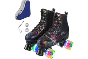 Ugboiu Roller Skates for Men and Women, Black Derby Roller Skates with 4 Shiny Wheel, Classic Double-Row Roller Skates for Indoor and Outdoor