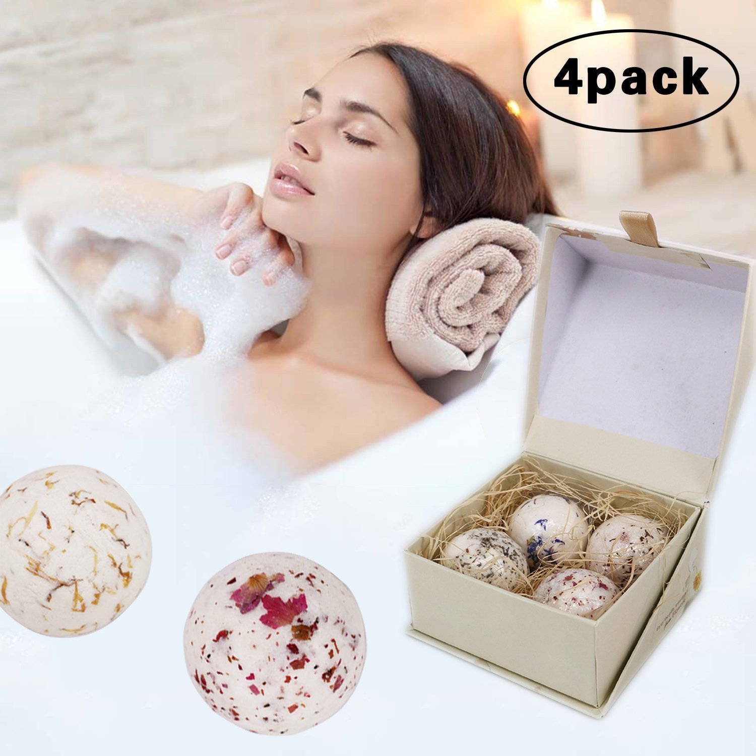 Xiujanet 4 Handmade Bath Bombs Gift Set,Birthday Gift- Floral Fragrances All Natural with Sea Salt and Essential Oils,Soften & Restore Skin -For Relaxing & Luxurious Baths