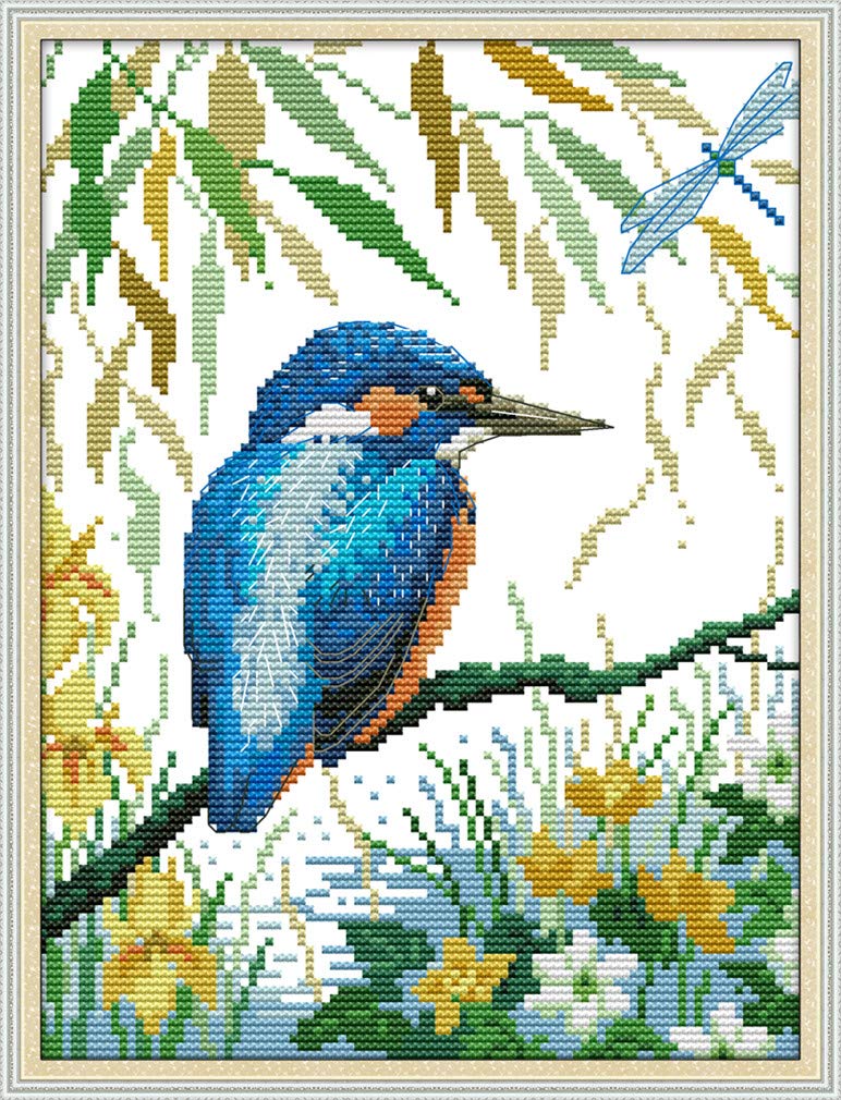 YEESAM ART New Counted Cross Stitch Kits Advanced - Kingfisher On A Branch - Embroidery Set Needlework DIY Handmade Christmas Gifts (Bird C, Stamped)