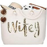 ELEGANTPARK Wifey Tote Bridal Shower Gift Wedding Bride Gifts Honeymoon Anniversary Wedding Beach Bag Jute Bag with Gold Sequin Interior Pocket