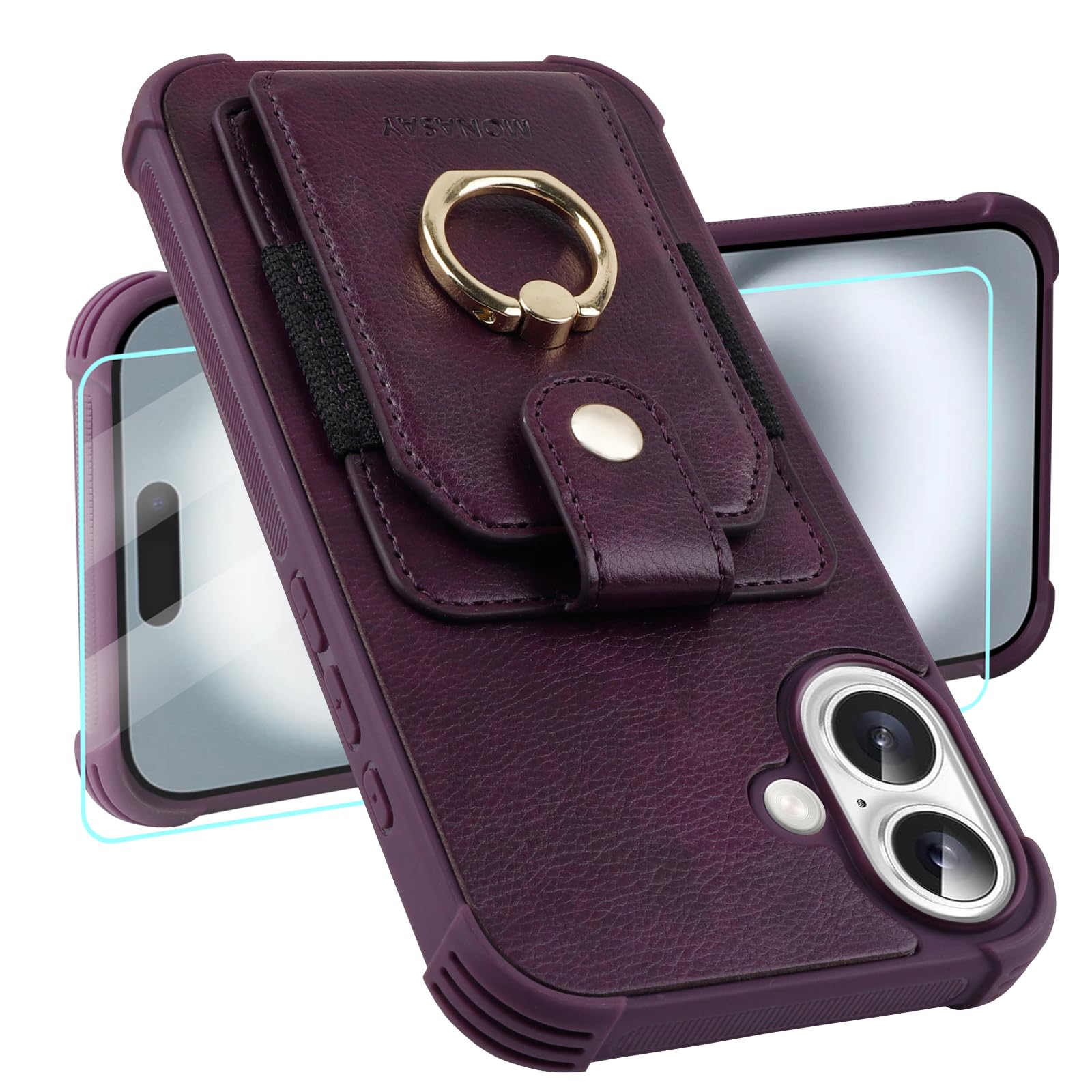 Photo 1 of MONASAY Wallet Case Compatible for iPhone 16 5G 6.1 inch with 360° Rotation Ring Stand[Glass Screen Protector][RFID Blocking] Leather Phone Cover with Card Holder for Women and Men, Purple