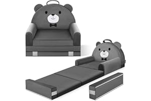 ORWIPO Kids Sofa Bed with Removable Washable Cover & Magic-Tape Backrest – Foldable Toddler Chair, Cozy Crystal Velvet Furniture for Playtime, Naps & Travel (Dark Gray, Bear Design)