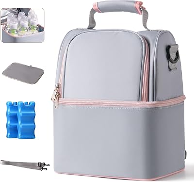 NCVI Breastmilk Cooler Bag with 2 Ice Packs Fits 6 Bottles Grey