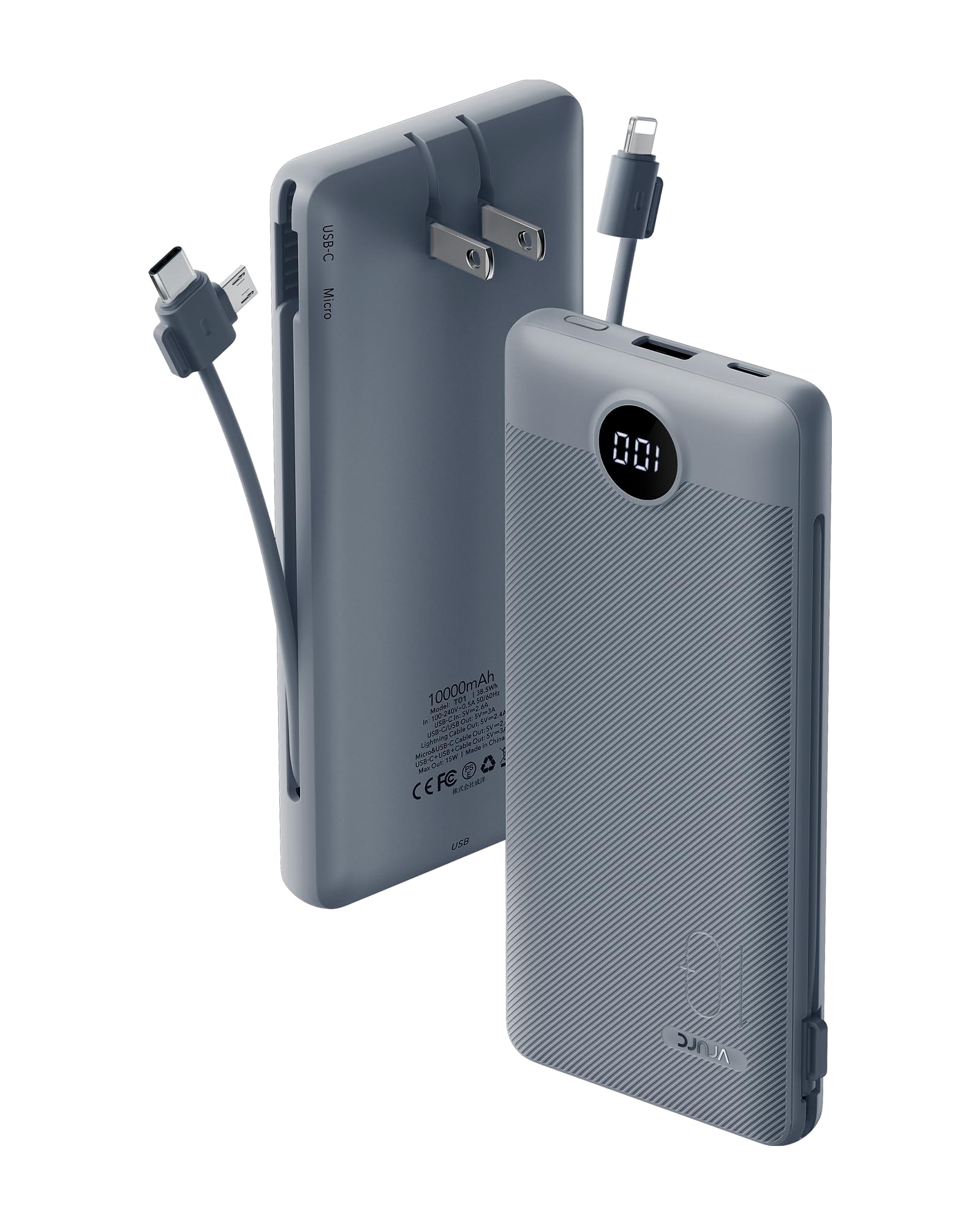 VRURC Portable Charger Built-in Cables and AC Wall Plug, USB C Power Bank 10000mAh, Travel Battery Portable Phone Charger Compact Lightweight External Battery Pack for Smart Phones, Tablets etc-Grey Image VRURC Portable Charger Built-in Cables and AC Wall Plug, USB C Power Bank 10000mAh, Travel Battery Portable Phone Charger Compact Lightweight External Battery Pack for Smart Phones, Tablets etc-Grey Image
