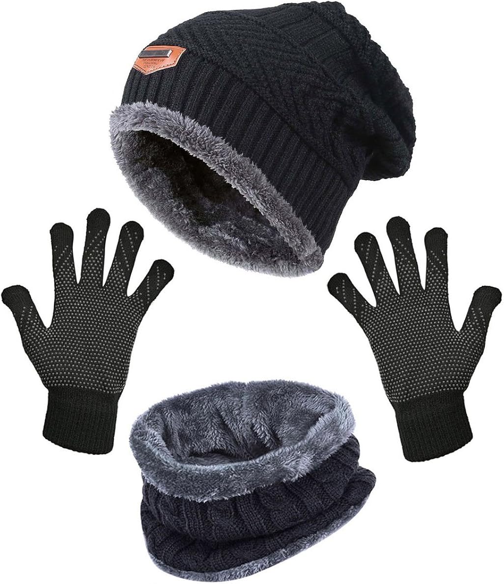 HINDAWI Black Slouchy Beanie Scarf Gloves Set for Women Warm Skull Cap Scarves Touch Screen Mittens: Clothing