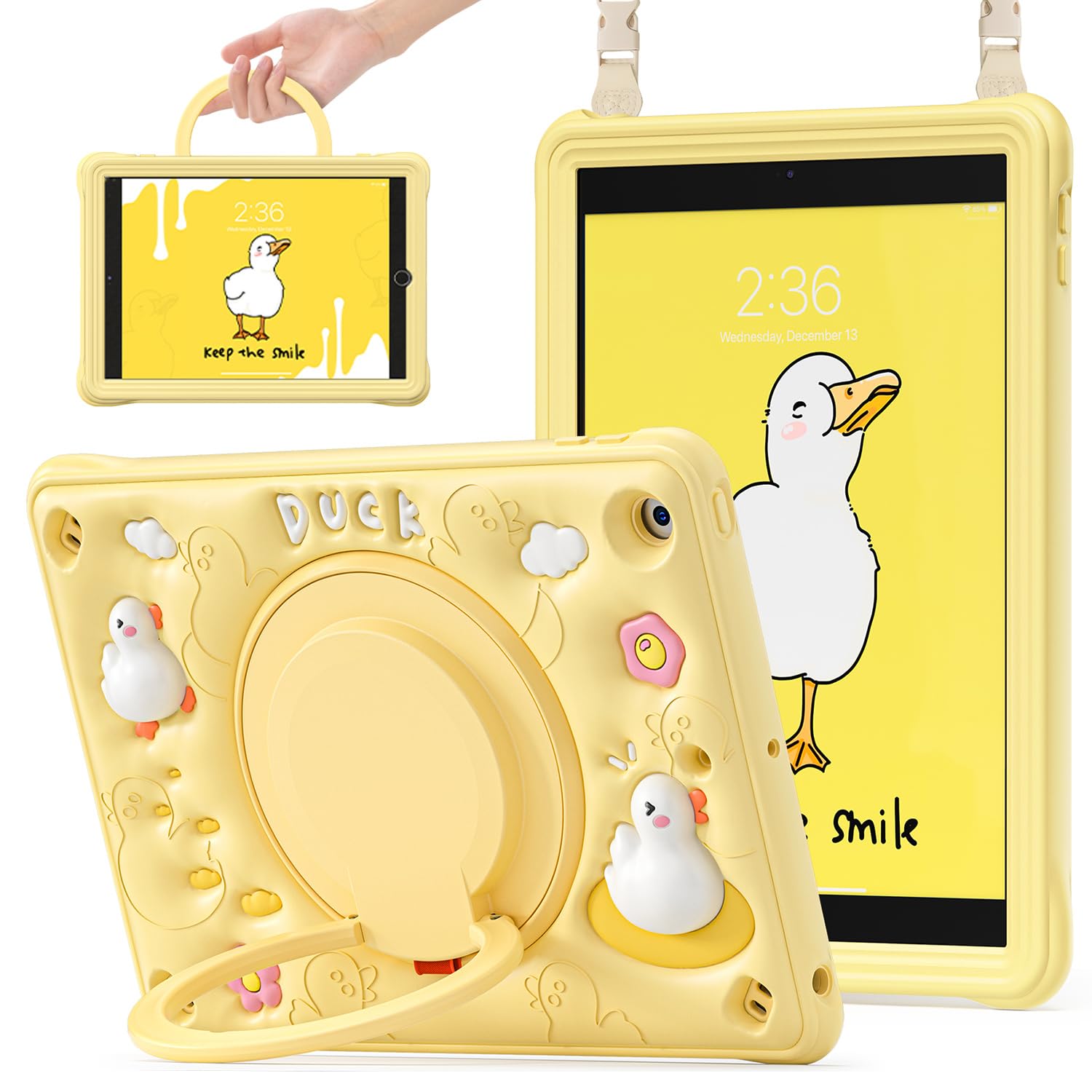 Photo 1 of LX-SUNCX for iPad 10.2 Case 9th Generation 2021 / 8th Gen 2020 / 7th 2019,Shockproof Kids Case with Screen Protector,Rotating Stand/Pencil Holder/Shoulder Strap for iPad 10.2 Inch - Bubble Duckling