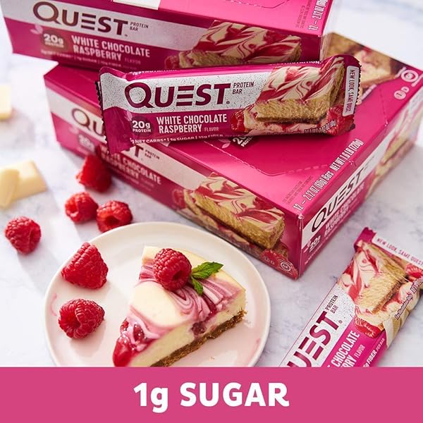 QUEST NUTRITION WHITE CHOCOLATE RASPBERRY PROTEIN BARS, 20G PROTEIN, 1G SUGAR, 5G NET CARB, HIGH FIBER, GLUTEN FREE, KETO FRIENDLY, 12 COUNT