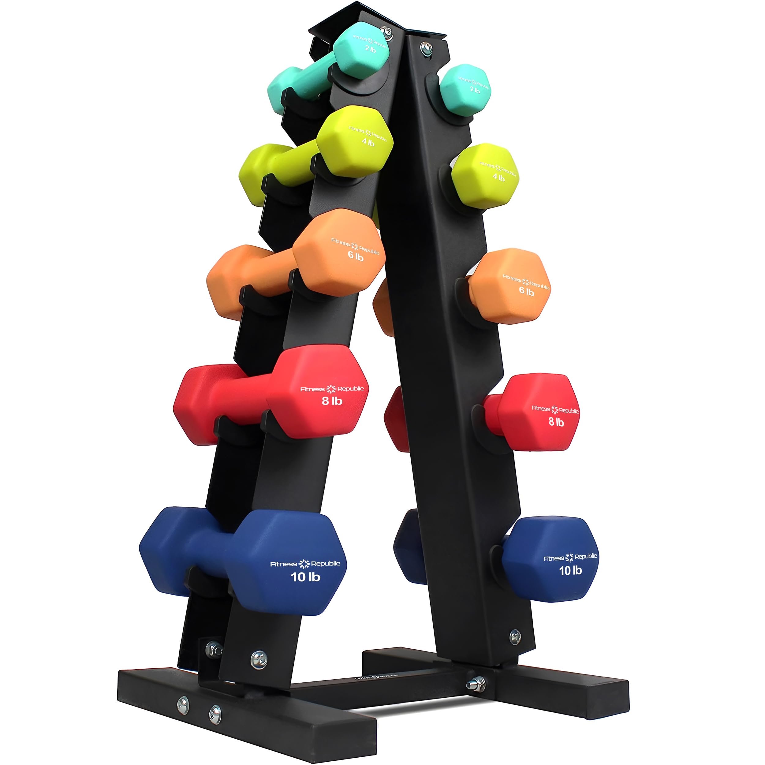 Photo 1 of Fitness Republic Neoprene Workout Dumbbells 5 Pairs (2,4,6,8,10)LB + 5 Tier Rack- Non Slip, Anti Roll Exercise & Fitness Dumbbells Combo - 2.00MM Thick Rack with 230 LB Capacity - Ideal for Home and