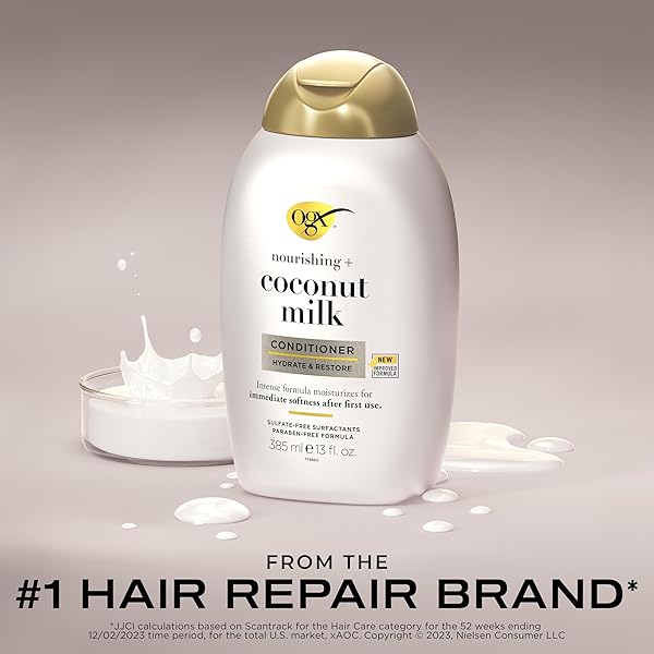 OGX NOURISHING + COCONUT MILK CONDITIONER, HYDRATING & RESTORING CONDITIONER MOISTURIZES FOR SOFT HAIR AFTER THE FIRST USE, PARABENS-FREE, SULFATE-FREE SURFACTANTS, 13 FL. OZ