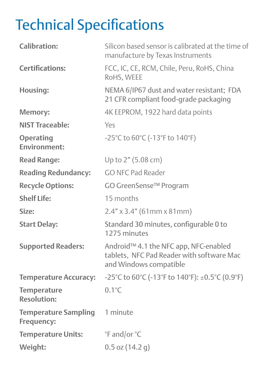 Emerson GO NFC Time and Temperature Data Logger, Disposable Cold Chain