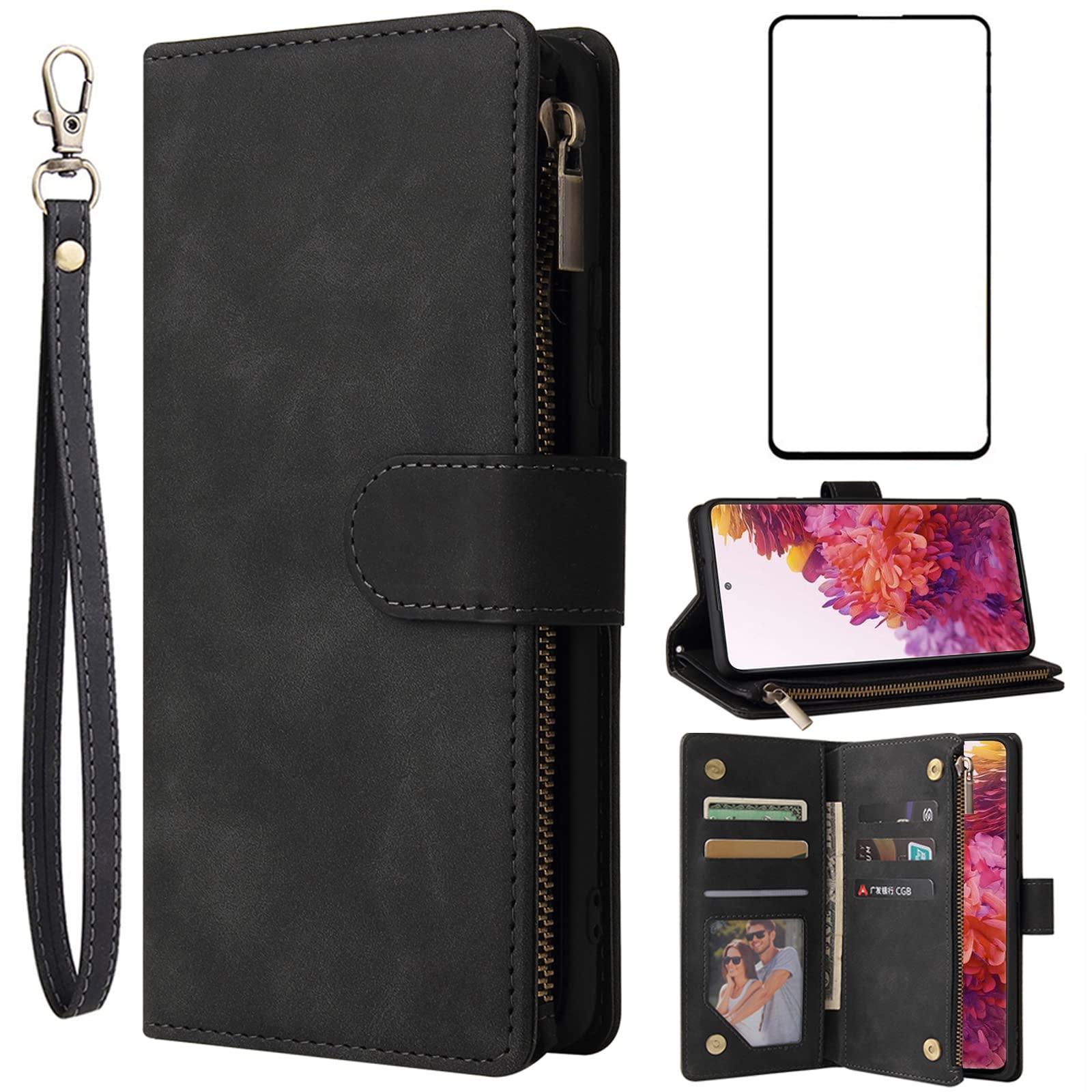 Asuwish Compatible with Samsung Galaxy S20 FE Gaxaly S 20 FE 5G UW 6.5 inch Wallet Case Tempered Glass Screen Protector and Card Holder Phone Cases for Glaxay S20FE5G S20FE 20S Fan Edition 4G G5 Black