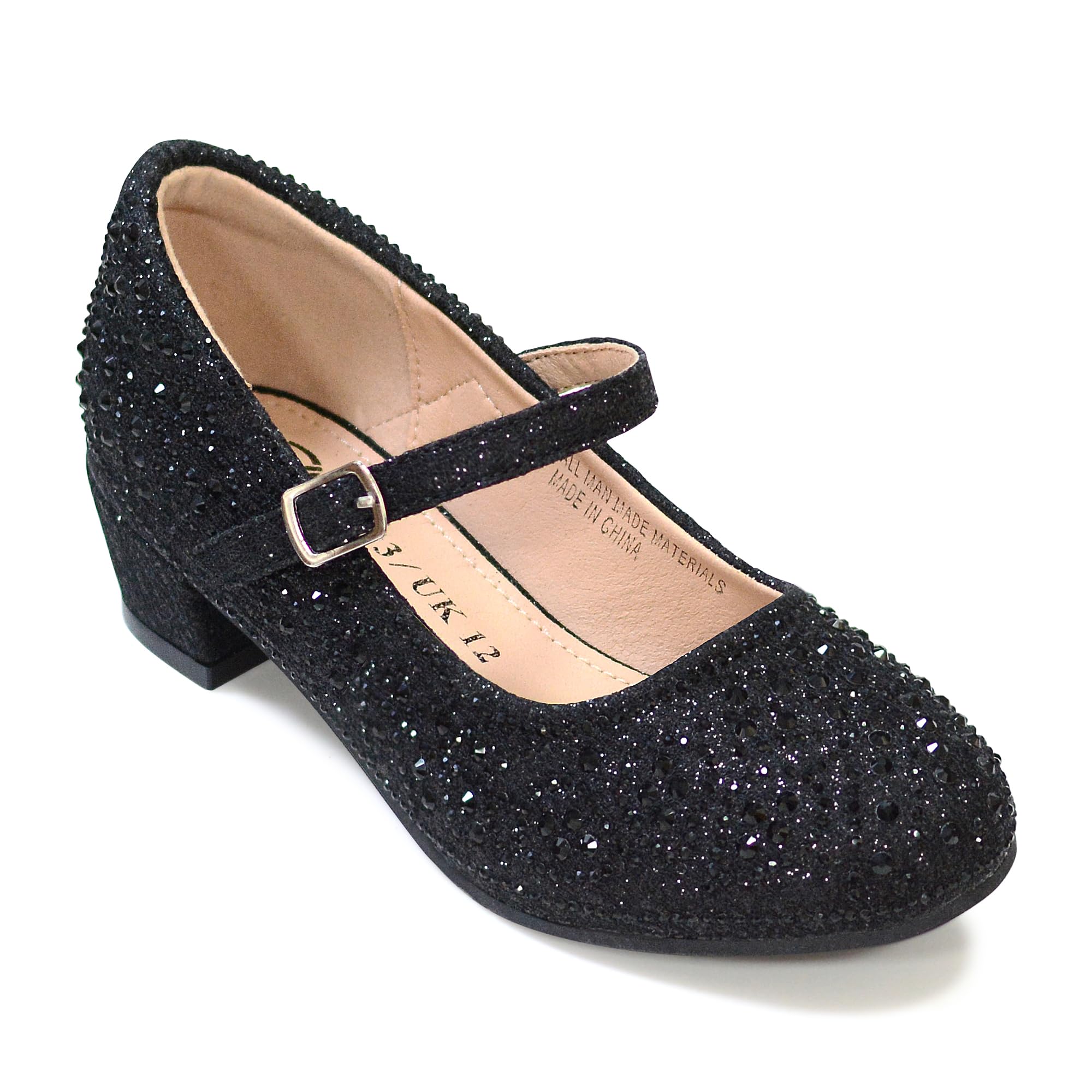 Photo 1 of (SIZE 3) (USED/FAIR) Girls Dress Shoes Mary Jane Shoes for Girls Sparkle Low Heel Hook and Loop Flats for School Wedding Party Black US 3