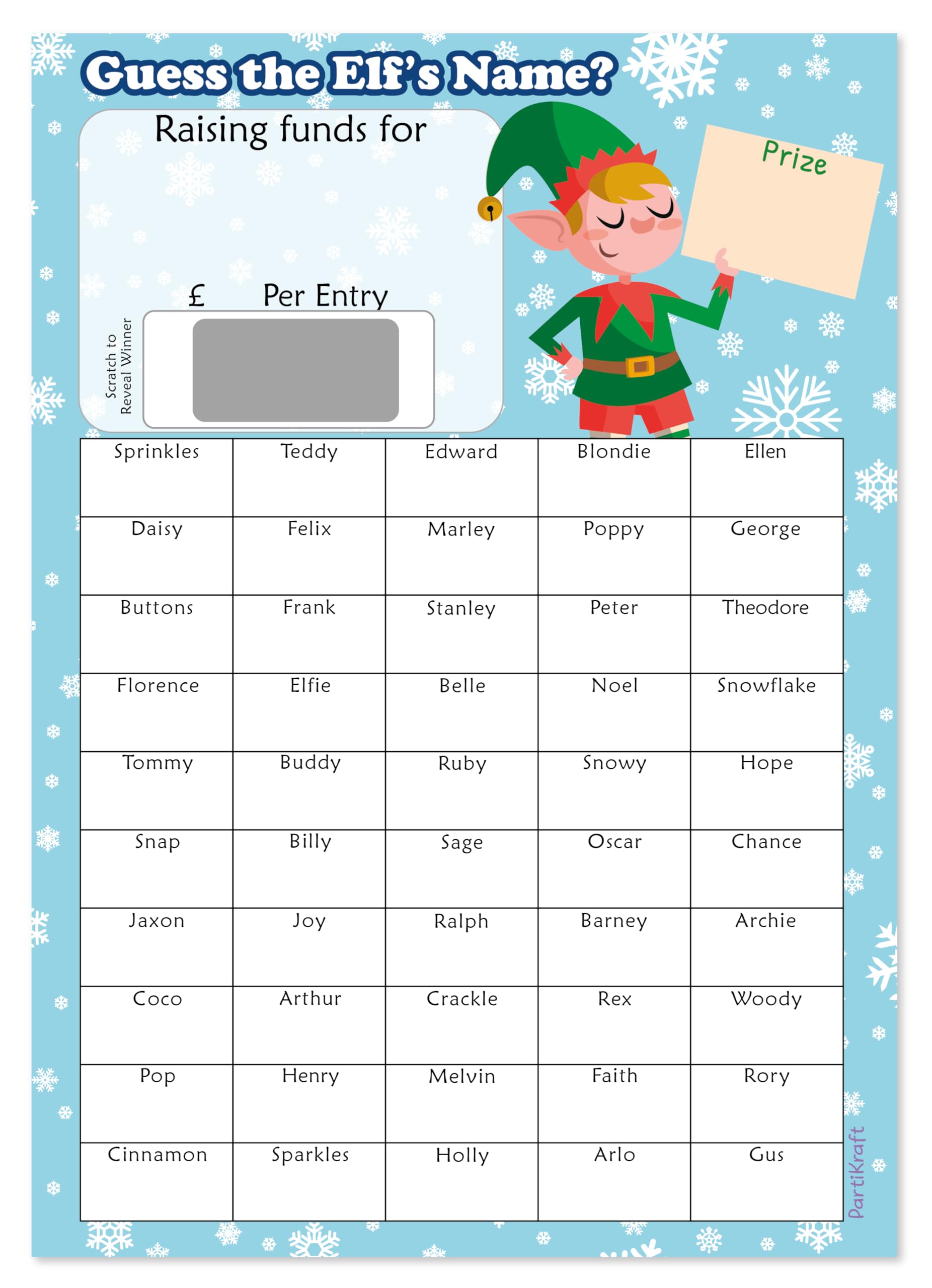 PartiKraft (Pack of 2) A4 Christmas Fundraising - Guess The Elf's Name - Scratch To Reveal Game Card - 50 Boxes