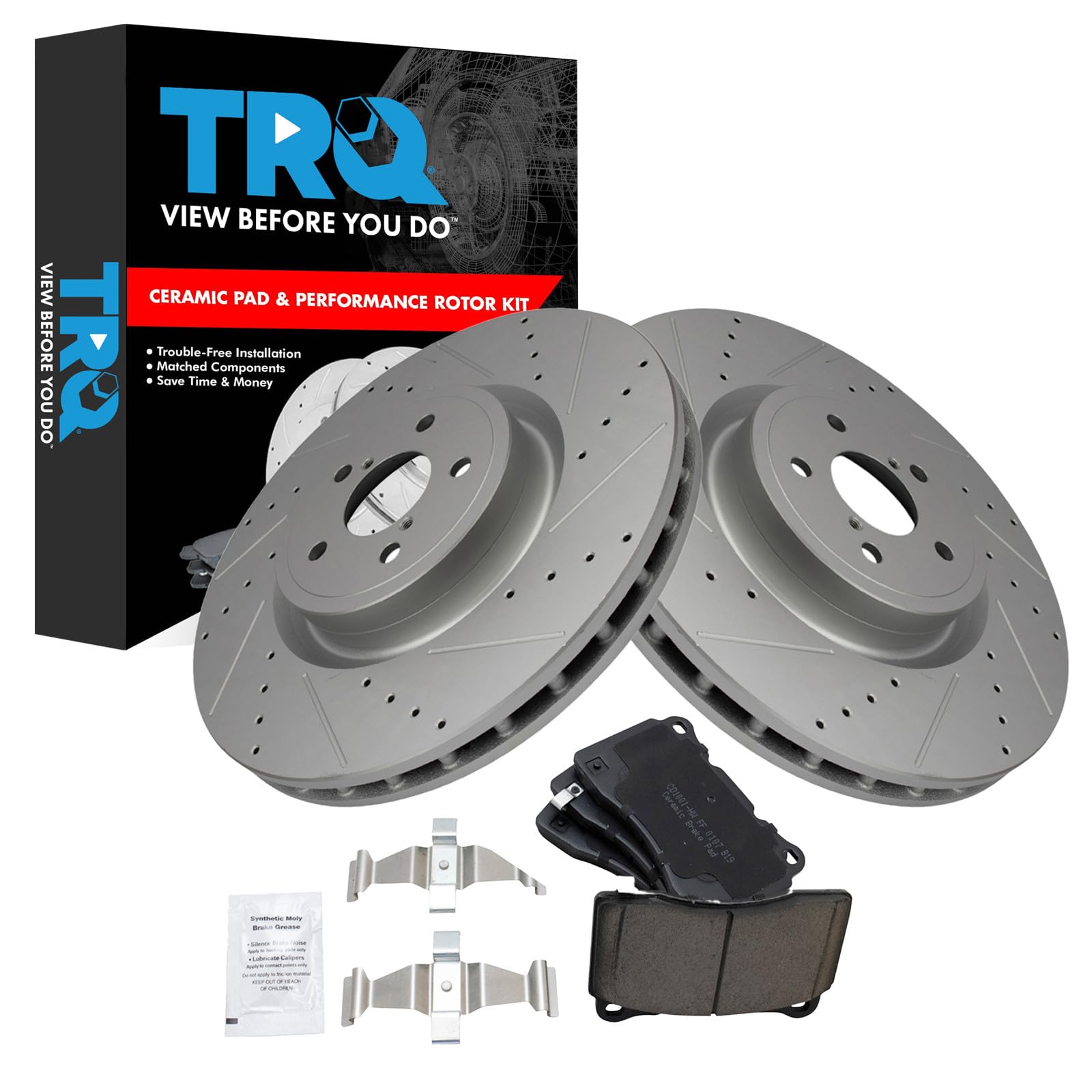 TRQ Front Brake Pad and Rotor Set Ceramic Slotted Drilled Coated Rotors Compatible with 2004 Subaru Impreza 2017-2019 BRZ 2019-2020 Toyota 86 Image