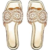 GORGLITTER Women's Gold Sparkly Flat Sandals Dressy Rhinestone Boho Cute Wedding Square Open Toe Slides Shoes 2025
