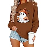 Halloween Sweatshirt Women Ghost Pumpkin Long Sleeve Shirt Halloween Spooky Shirts Fall Pumpkin Tops Crewneck Pullover Brown