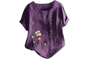 VOGFFR Short Sleeve Shirts for Women Summer Floral Print Tops Crewneck Button Up Shirts Loose Fit Cotton Linen Shirt 2025